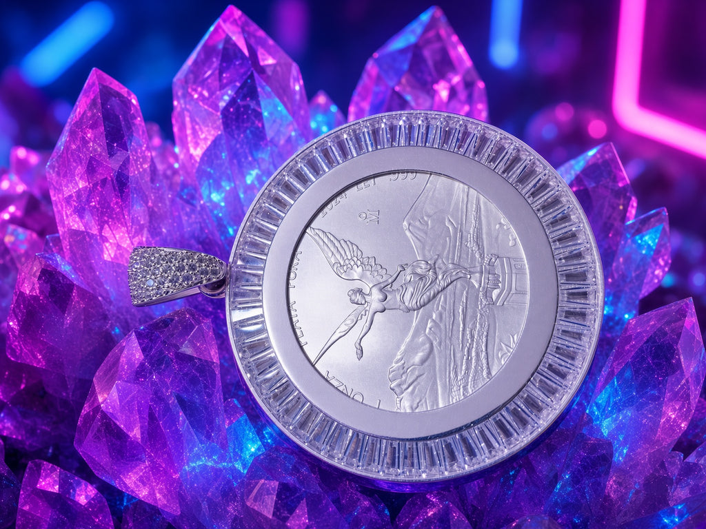 Dije de Onza de Plata Pura Libertad con Bisel Italiano de Plata .925 y Cortes Brillantes